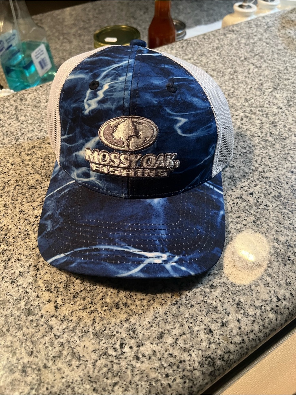 Mossy Oak Fishing Blue Tie-Dye and White Mesh Hat